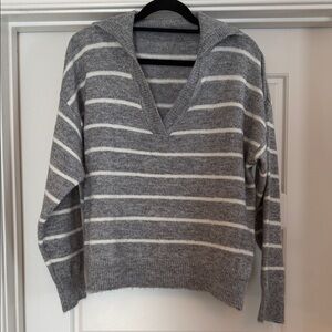 Gray and White Collared Striped Women's Sweater